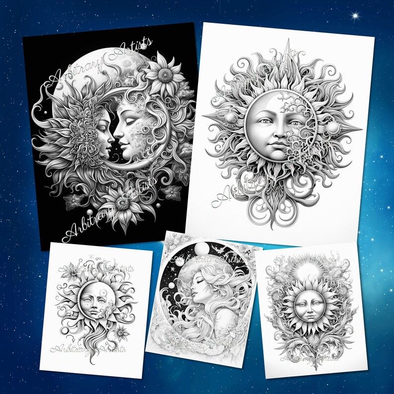 Puede incluir: Cinco ilustraciones en blanco y negro de dise&ntilde;os de sol y luna. Los dise&ntilde;os son intrincados y detallados, con elementos florales y rostros. Las ilustraciones son perfectas para libros para colorear, arte de pared o tatuajes.