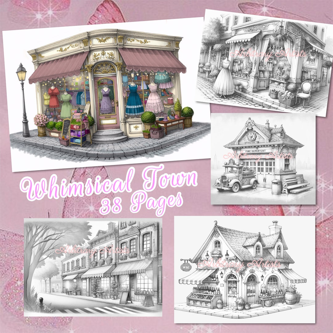 Whimsical Town 38 Grayscale Coloring Pages - Etsy