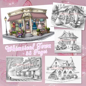 May include: A set of 38 black and white illustrations of a whimsical town. The illustrations feature various shops and buildings, including a dress shop, a fire station, a bakery, and a row of shops with awnings.