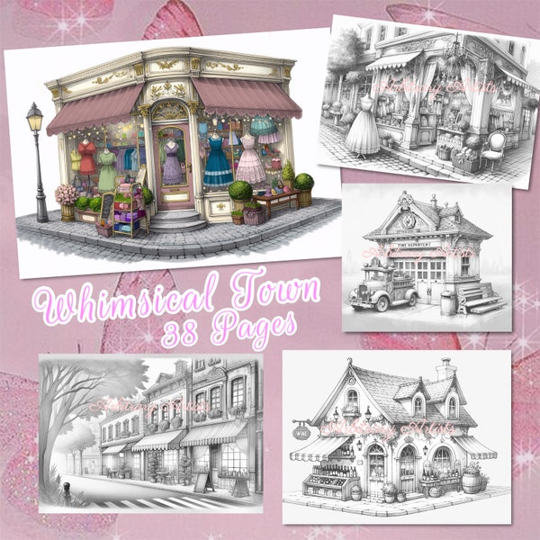 Whimsical Town 38 grayscale coloring pages