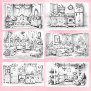 Puede incluir: Un conjunto de seis p&aacute;ginas para colorear imprimibles en blanco y negro que representan diferentes habitaciones de una casa vintage. Las habitaciones incluyen un dormitorio, una sala de estar, una cocina y un porche. Cada habitaci&oacute;n est&aacute; decorada con detalles intrincados y acentos florales.