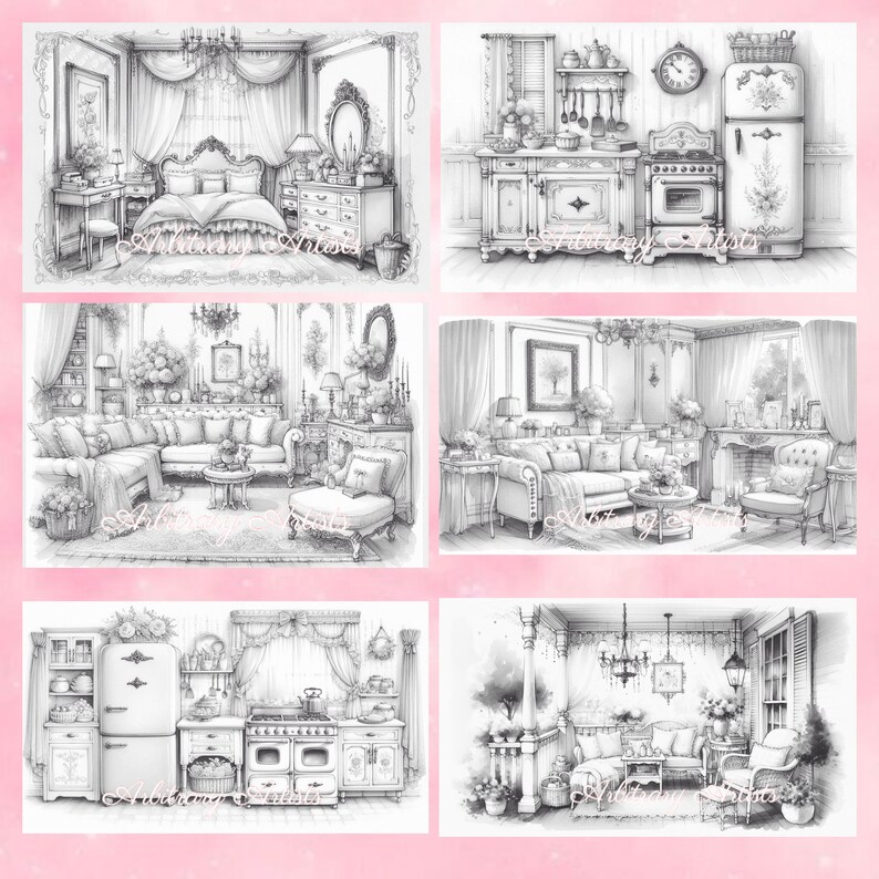 Puede incluir: Un conjunto de seis p&aacute;ginas para colorear imprimibles en blanco y negro que representan diferentes habitaciones de una casa vintage. Las habitaciones incluyen un dormitorio, una sala de estar, una cocina y un porche. Cada habitaci&oacute;n est&aacute; decorada con detalles intrincados y acentos florales.