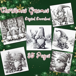 Puede incluir: Un conjunto de 35 páginas para colorear en blanco y negro con gnomos navideños. Los gnomos se representan en varias escenas navideñas, incluyendo con renos, junto a una chimenea y en un trineo. El texto "Christmas Gnomes Digital Download" y "35 Pages" está incluido en la imagen.
