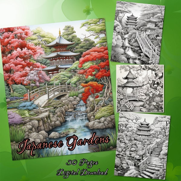 30 Japanese Garden inspired grayscale coloring pages