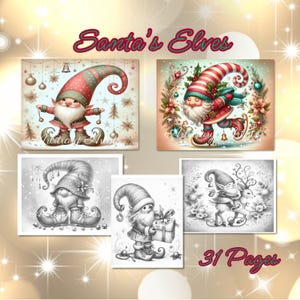 Puede incluir: Un conjunto de 31 páginas para colorear con los elfos de Santa Claus. Las páginas incluyen ilustraciones a color y en blanco y negro de los elfos en varias poses, incluyendo un elfo sosteniendo un regalo y otro elfo montando un reno.