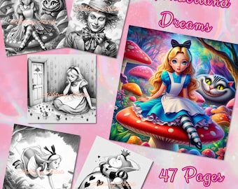 Rêves au pays des merveilles 47 pages à colorier en niveaux de gris