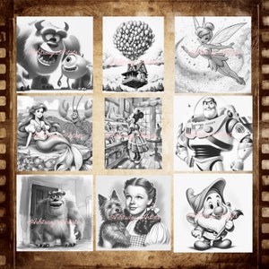 May include: A black and white collage of nine different Disney characters. The characters include:  Monsters Inc., Up, Tinkerbell, The Little Mermaid, Mickey Mouse, Toy Story,  Abominable Snowman, Dorothy from The Wizard of Oz, and  Snow White.