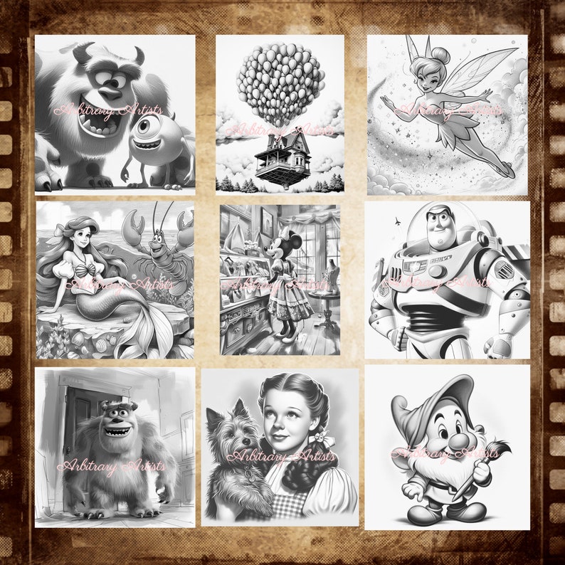 May include: A black and white collage of nine different Disney characters. The characters include:  Monsters Inc., Up, Tinkerbell, The Little Mermaid, Mickey Mouse, Toy Story,  Abominable Snowman, Dorothy from The Wizard of Oz, and  Snow White.