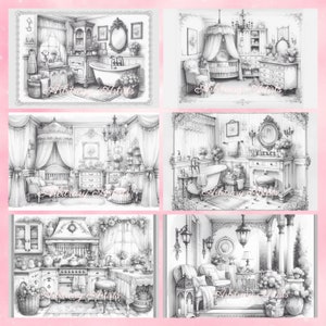 Puede incluir: Un conjunto de seis ilustraciones en blanco y negro que representan diferentes habitaciones de una casa victoriana. Las ilustraciones incluyen un ba&ntilde;o, una guarder&iacute;a, una cocina y una sala de estar. Cada ilustraci&oacute;n presenta detalles intrincados y elementos decorativos.