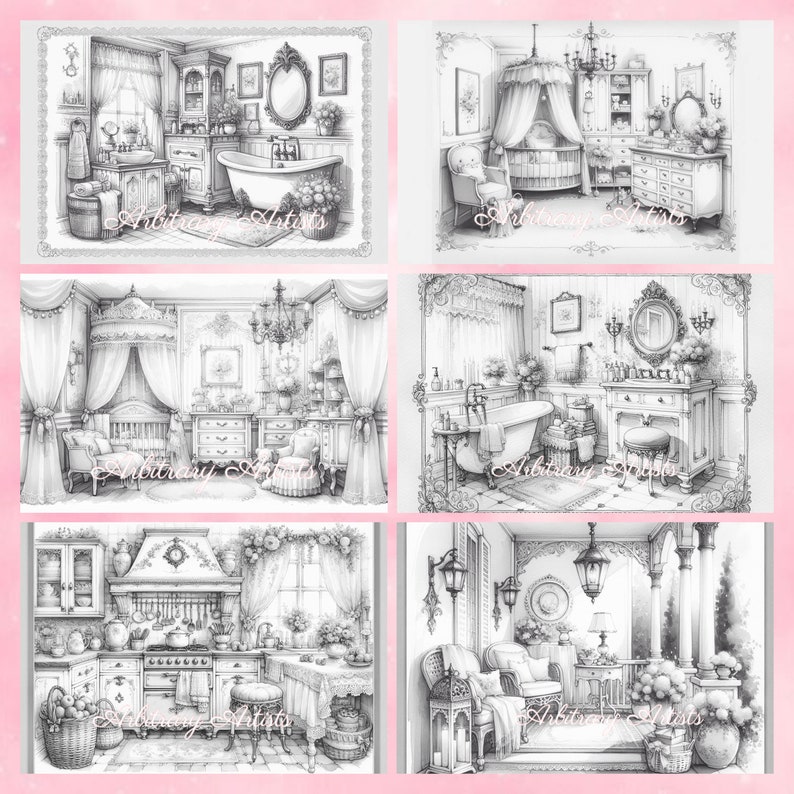Puede incluir: Un conjunto de seis ilustraciones en blanco y negro que representan diferentes habitaciones de una casa victoriana. Las ilustraciones incluyen un ba&ntilde;o, una guarder&iacute;a, una cocina y una sala de estar. Cada ilustraci&oacute;n presenta detalles intrincados y elementos decorativos.