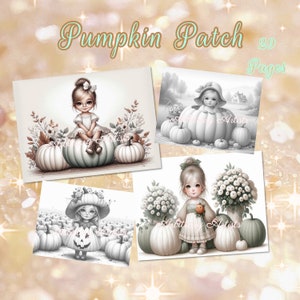 Può includere: Un libro da colorare digitale di 29 pagine con illustrazioni di ragazze e zucche. Il titolo del libro è "Pumpkin Patch".