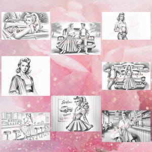 May include: A collection of eight black and white illustrations featuring women in vintage clothing and cars. The illustrations are drawn in a retro style and feature a variety of poses and settings.