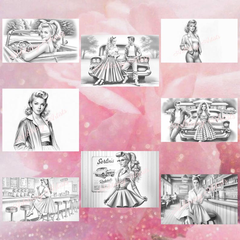 May include: A collection of eight black and white illustrations featuring women in vintage clothing and cars. The illustrations are drawn in a retro style and feature a variety of poses and settings.