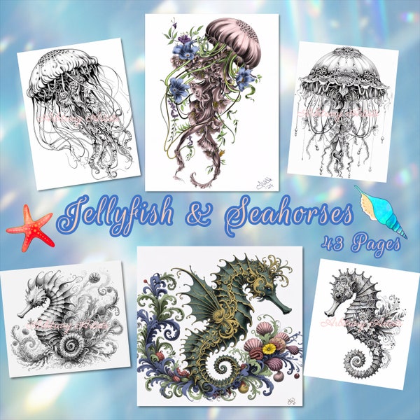 Jellyfish & Seahorses 43 grayscale coloring pages