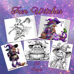 Può includere: Un set di 32 pagine da colorare con streghe stravaganti con diverse espressioni e pose. Le streghe sono vestite con abiti e cappelli colorati, e alcune tengono scope, pozioni o altri oggetti magici. Le pagine sono perfette per adulti e bambini che amano colorare e l'arte fantasy.