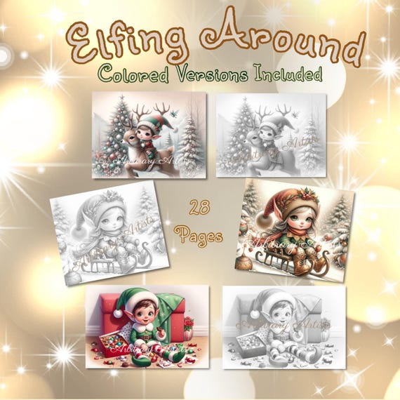 Elfing Around 28 grayscale and colored versions holiday, winter, fun coloring pages