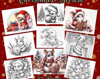 Ratón navideño: 32 páginas para colorear en escala de grises