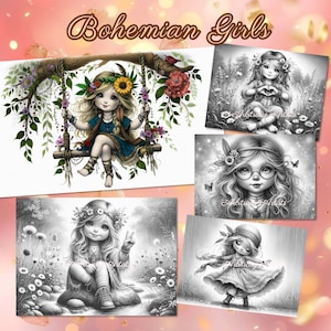 May include: Four black and white illustrations of girls with bohemian style clothing and accessories. The girls are depicted in various poses, including sitting on a swing, sitting on a rock, and standing with their arms outstretched. The illustrations are surrounded by a pink background with a title that reads "Bohemian Girls".