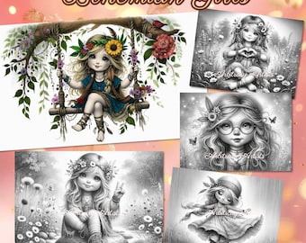 Bohemian Girls 34 grayscale coloring pages