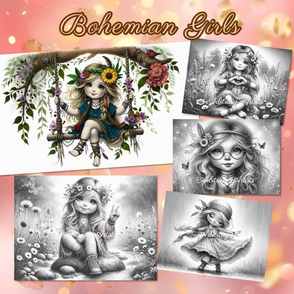 Bohemian Girls 34 grayscale coloring pages