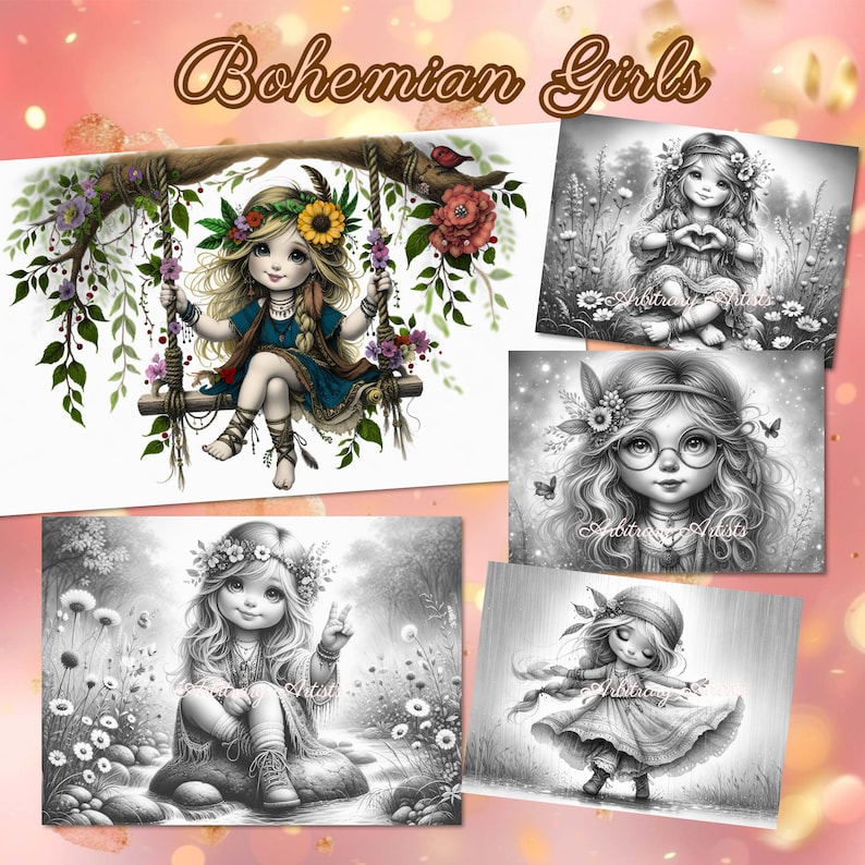 May include: Four black and white illustrations of girls with bohemian style clothing and accessories. The girls are depicted in various poses, including sitting on a swing, sitting on a rock, and standing with their arms outstretched. The illustrations are surrounded by a pink background with a title that reads "Bohemian Girls".