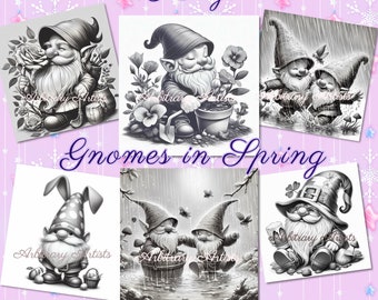 Gnomes in Spring 43 grayscale coloring pages