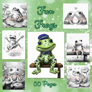 Fun Frogs 50 grayscale coloring pages