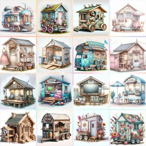 May include: A grid of sixteen watercolor illustrations of tiny houses and trailers. Each structure is unique, featuring various colors, designs, and decorative elements like flowers, awnings, and wheels. Some have text, including "Man Cave" and "Food".