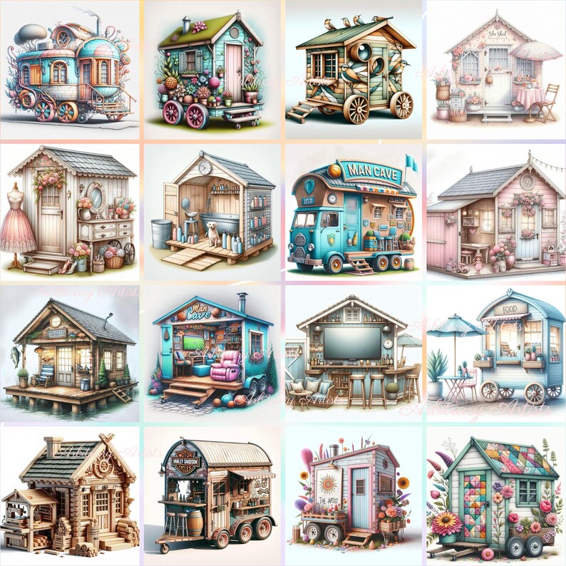 May include: A grid of sixteen watercolor illustrations of tiny houses and trailers. Each structure is unique, featuring various colors, designs, and decorative elements like flowers, awnings, and wheels. Some have text, including "Man Cave" and "Food".