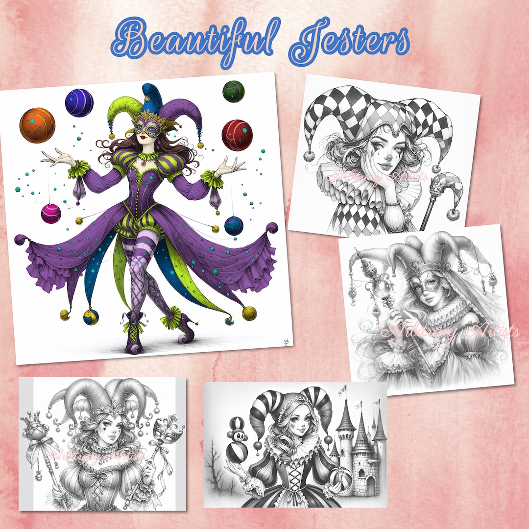 Jester Flash Card.pdf Jester Coloring Pages, 37 Grayscale Illustrations (PDF) - Etsy