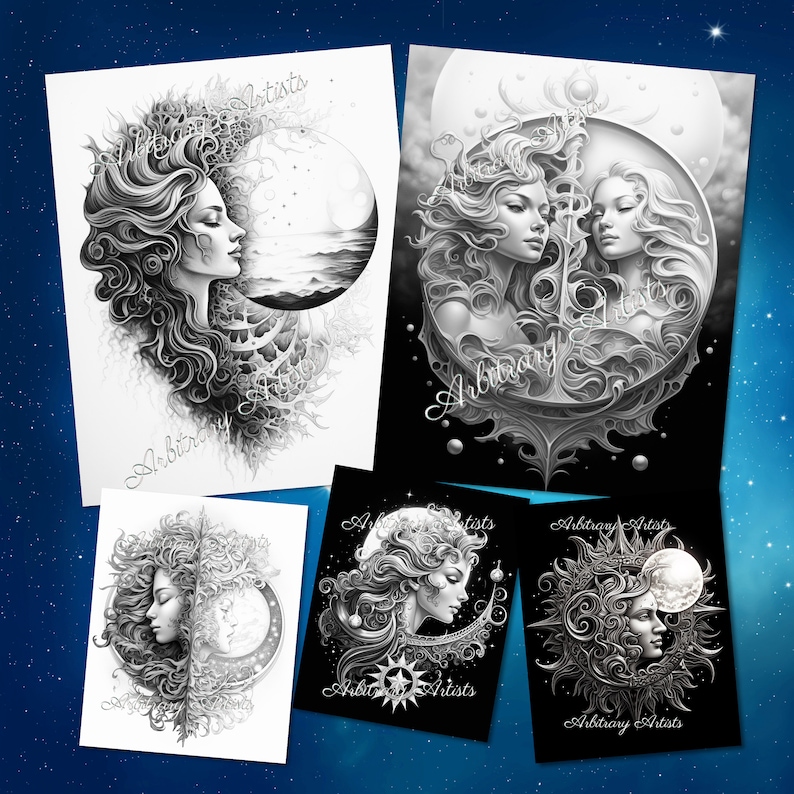 Puede incluir: Conjunto de cinco p&aacute;ginas para colorear imprimibles en blanco y negro con ilustraciones intrincadas de mujeres con elementos celestiales, incluyendo lunas, estrellas y el sol.