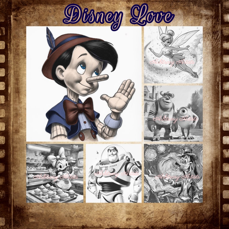 May include: A collage of black and white images featuring various Disney characters, including Pinocchio, Tinkerbell, Sully and Mike from Monsters Inc., Woody from Toy Story, and Goofy. The title "Disney Love" is written in a decorative font at the top of the collage.