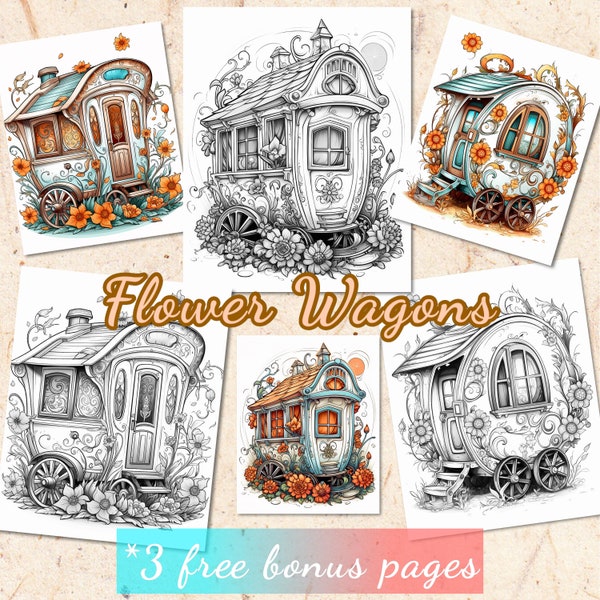 Flower Wagons 25 Adult Coloring Pages