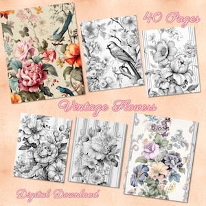 Flores Vintage 40 páginas para colorear en escala de grises
