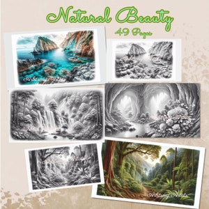 Könnte beinhalten: Eine Sammlung von vier Schwarzweiß-Bleistiftzeichnungen, die natürliche Szenen darstellen. Die Zeichnungen zeigen eine felsige Küste, einen Wasserfall in einem Wald, eine Höhle mit einem Bach und einen üppigen Dschungelpfad. Der Titel "Natural Beauty 49 Pages" ist oben im Bild zu sehen.