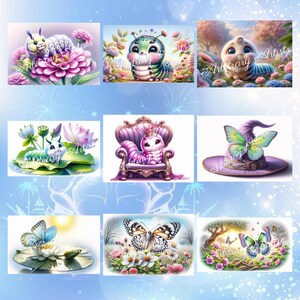 Pode incluir: Uma cole&ccedil;&atilde;o de ilustra&ccedil;&otilde;es fant&aacute;sticas com lagartas e borboletas fofas. As imagens apresentam cores vibrantes, fundos florais e elementos de fantasia. Uma imagem apresenta um chap&eacute;u de bruxa com uma borboleta.