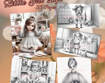 May include: A coloring book with the title "Little Girl Life" and 33 pages. The cover features four illustrations of girls in different settings. The illustrations are in black and white.