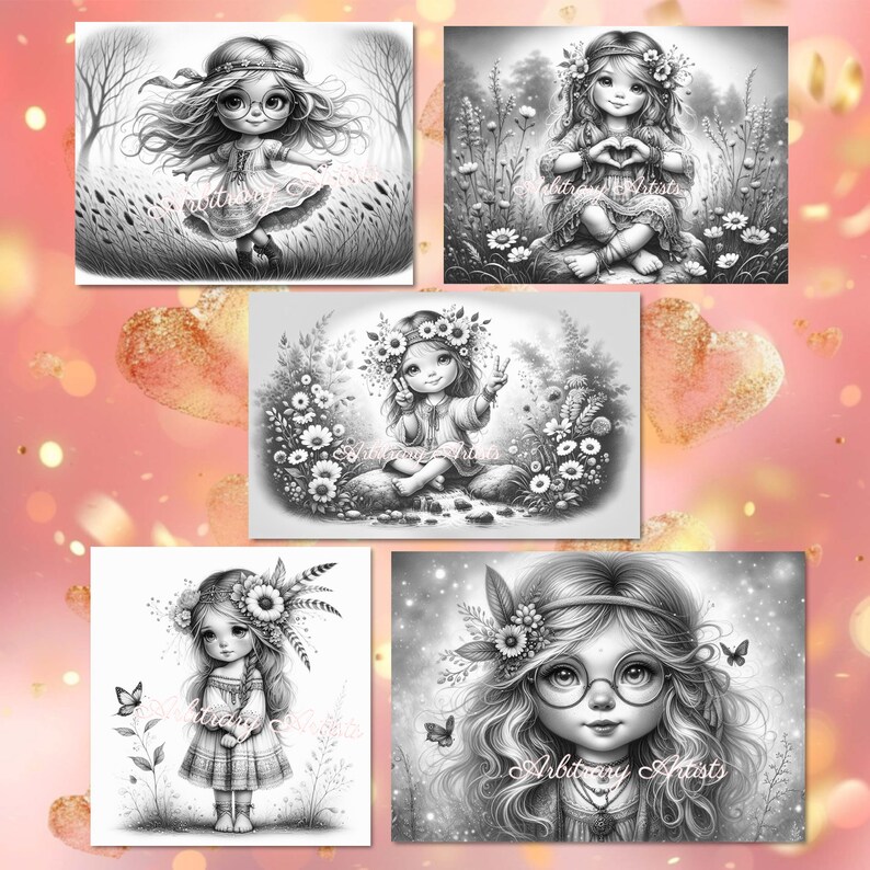 May include: A set of four black and white illustrations featuring girls with flowers in their hair. Each girl is wearing a different outfit and has a different expression on her face.