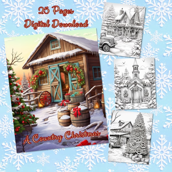 25 Country Christmas grayscale adult coloring pages