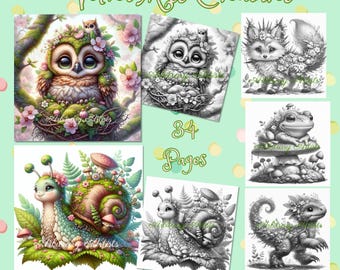 Może przedstawiać: Zestaw cyfrowych wydruków artystycznych przedstawiających "Velvet Moss Creatures". Obrazy zawierają kolorowe i czarno-białe ilustracje sowy, lisa, żaby, ślimaka i dinozaura. Tekst brzmi "84 Strony" i "+Colored Versions Included."