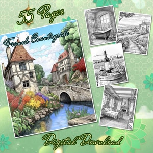 May include: A digital download featuring a coloring book titled "French Countryside" with 55 pages. The cover art depicts a colorful illustration of a French village scene with a bridge, river, and buildings. Additional grayscale images are also included.