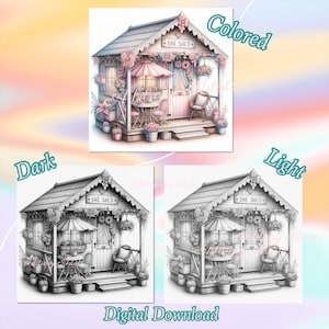 May include: Digital download of a charming cottage illustration. The colored version features a pink and white cottage with floral accents, a table, and chairs. The text "SHE SHED" is above the door. Two grayscale versions are also included.