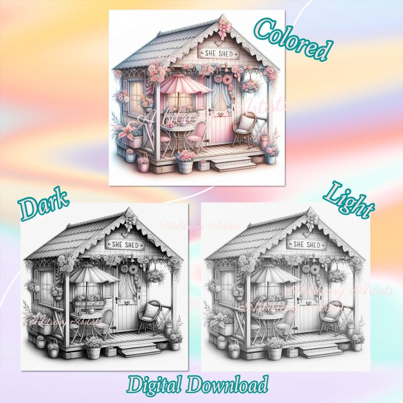 May include: Digital download of a charming cottage illustration. The colored version features a pink and white cottage with floral accents, a table, and chairs. The text "SHE SHED" is above the door. Two grayscale versions are also included.