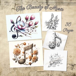 May include: A collection of art prints featuring musical notes and floral arrangements. The prints showcase a variety of designs, including a treble clef with magnolia flowers, a musical note surrounded by roses, and other floral and musical elements. The text "The Beauty of Music" is displayed at the top.