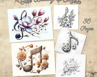 La Belleza de la Música 36 notas musicales, florales, para colorear