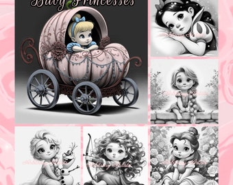 38 pages à colorier pour bébés princesses en niveaux de gris