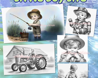 Little Boy Life 34 grayscale coloring pages