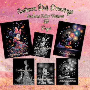 May include: Six art prints featuring Disney characters, including Minnie Mouse, Mickey Mouse, and Pluto, in various colourful and grayscale designs. The prints are on a black background with the text "Cartoon Dot Drawings" and "Includes Color Versions 35 Pages".