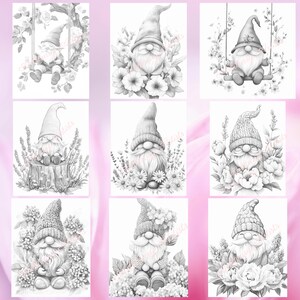 May include: Nine black and white illustrations of gnomes in various poses, surrounded by flowers and foliage. The gnomes are wearing hats and have beards.