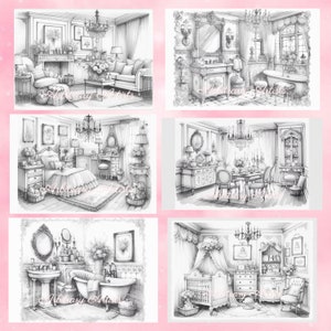 Puede incluir: Un conjunto de seis ilustraciones en blanco y negro que representan diferentes habitaciones de una casa lujosa. Las habitaciones incluyen una sala de estar, un ba&ntilde;o, un dormitorio, un comedor, una guarder&iacute;a y otro ba&ntilde;o. Cada habitaci&oacute;n est&aacute; decorada con muebles y accesorios ornamentados, como candelabros, chimeneas y arreglos florales.